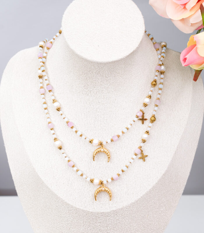 Naszyjnik opalit, kunzyt, perła - obrazek 2