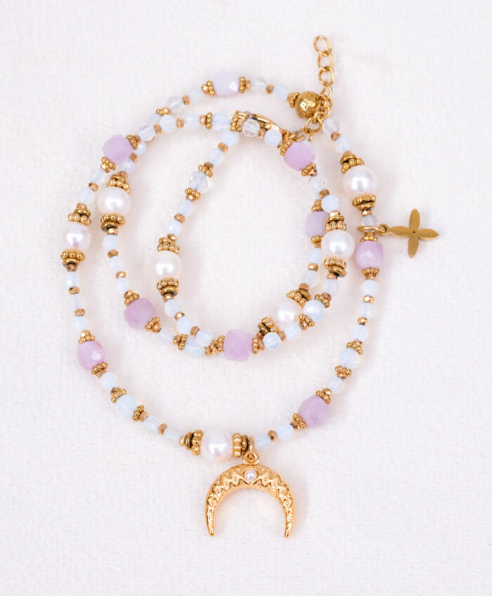 Naszyjnik opalit, kunzyt, perła - obrazek 3