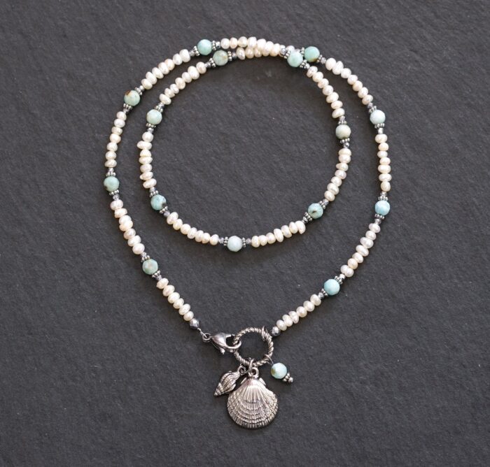 Naszyjnik perełki, larimar, muszle - obrazek 2
