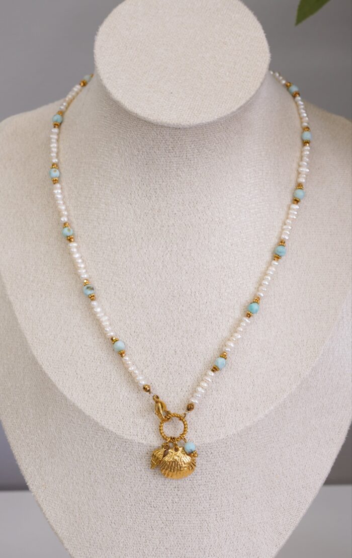 Naszyjnik perełki, larimar, muszle - obrazek 3