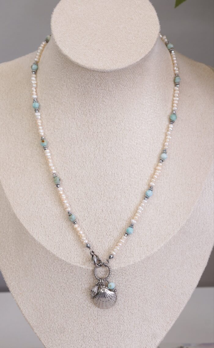 Naszyjnik perełki, larimar, muszle - obrazek 4